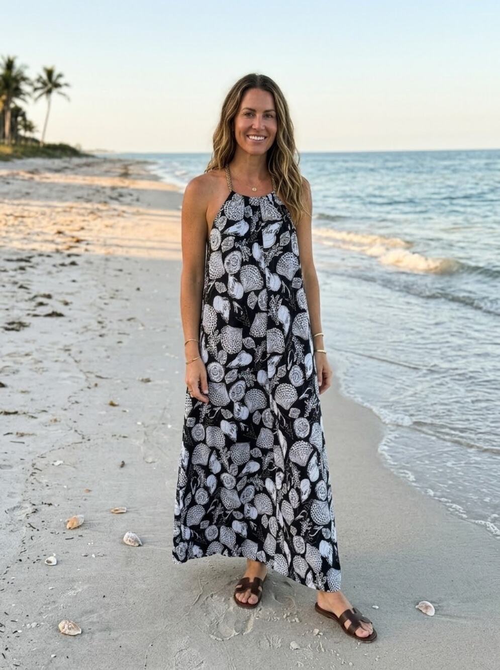 LOFT Beach Shell Print Beaded Halter Maxi Dress S NWT Coastal Grandmother Resort